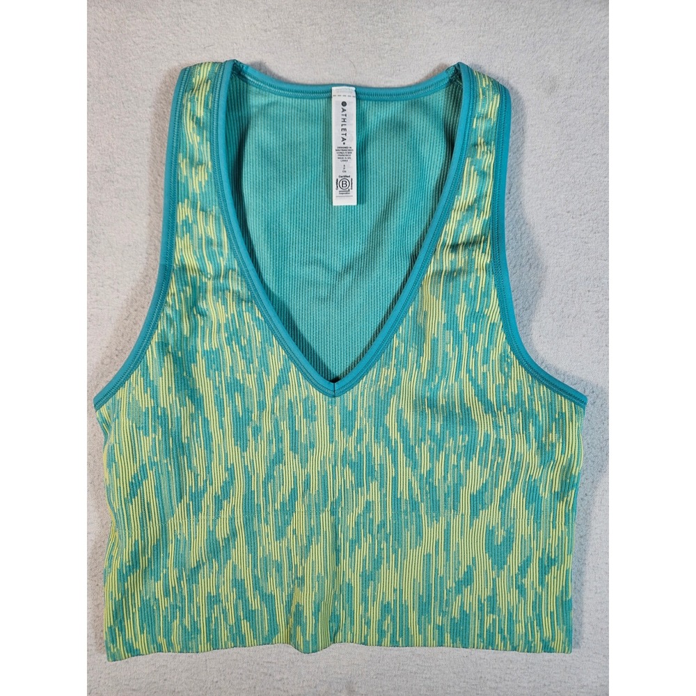 Athleta Aurora Crop Tank Teal Lime Green Abstract Ribbed V-Neck Top Small NEW